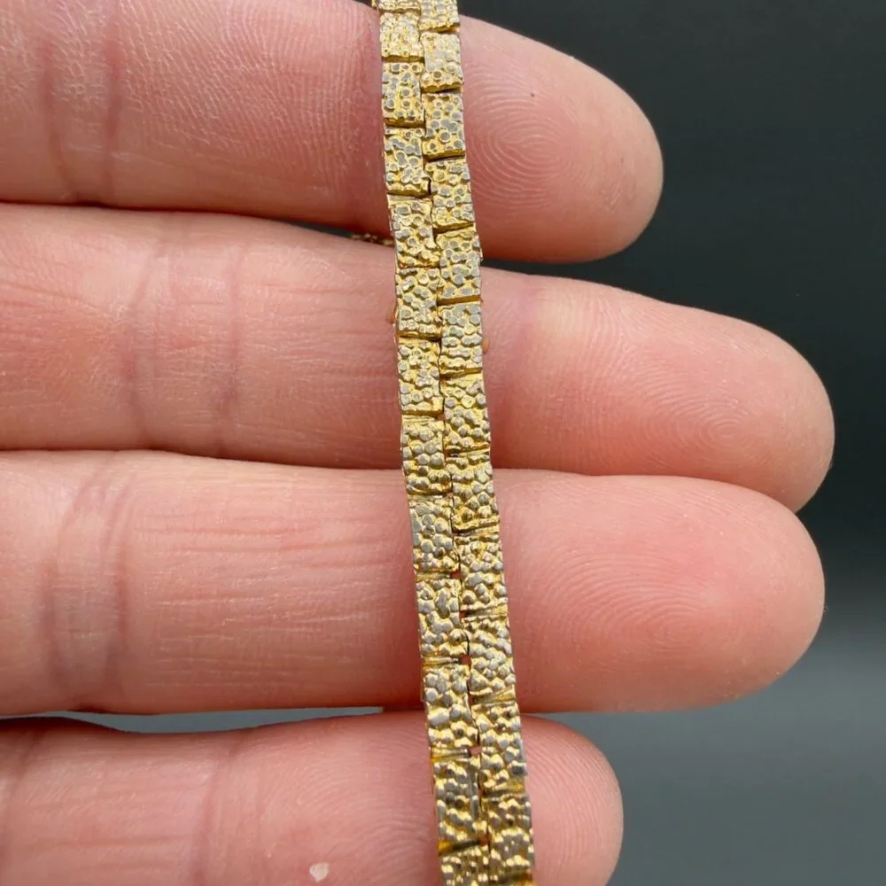 Vintage Gold Tone Textured Nugget Link Necklace Bracelet Set Crystal Accent - Picture 8 of 12